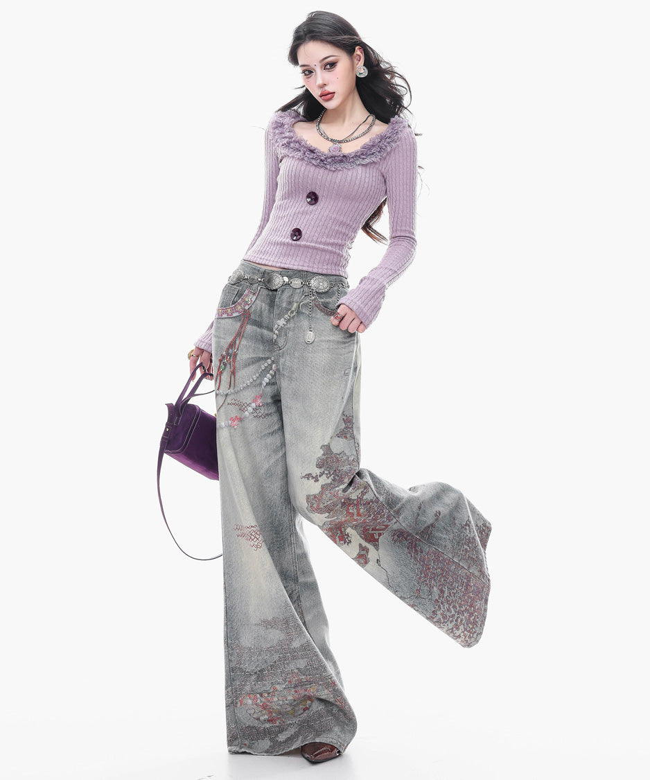 Ornament Washed Wide Denim Pants