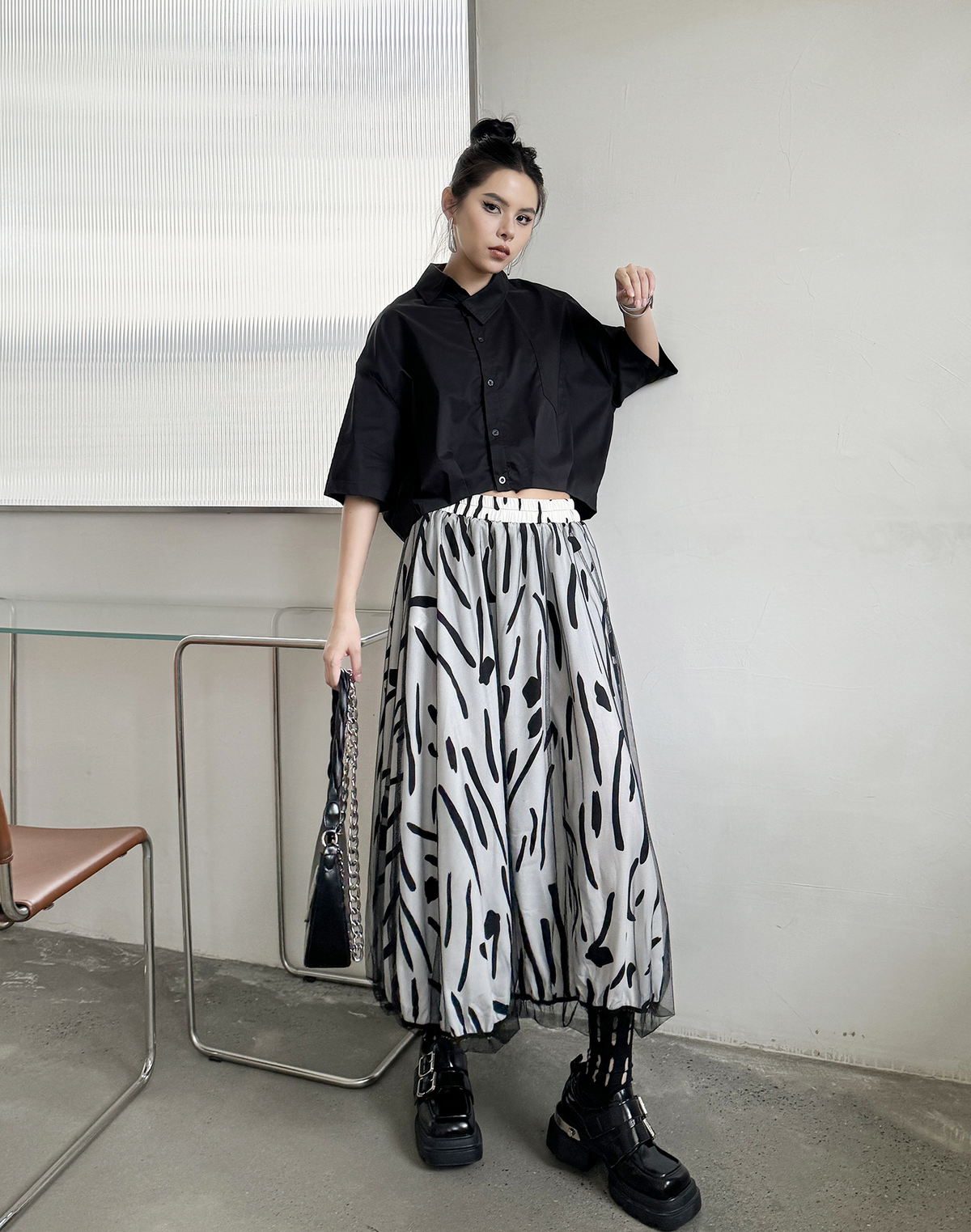 Abstract Mesh Flare Skirt