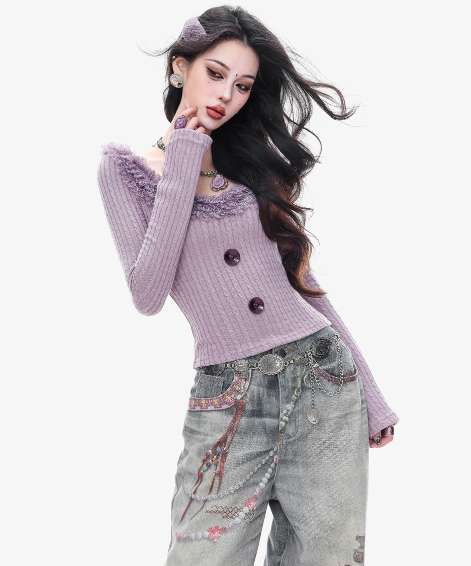 Frill Trim Rib Knit Top