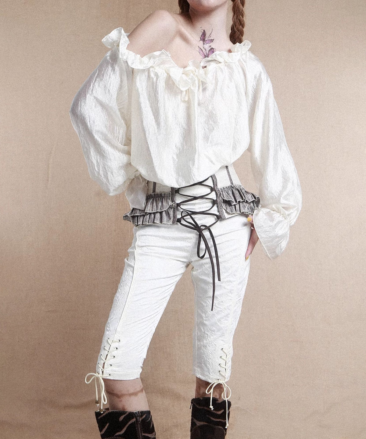 Ornate Lace-Up Cropped Pants