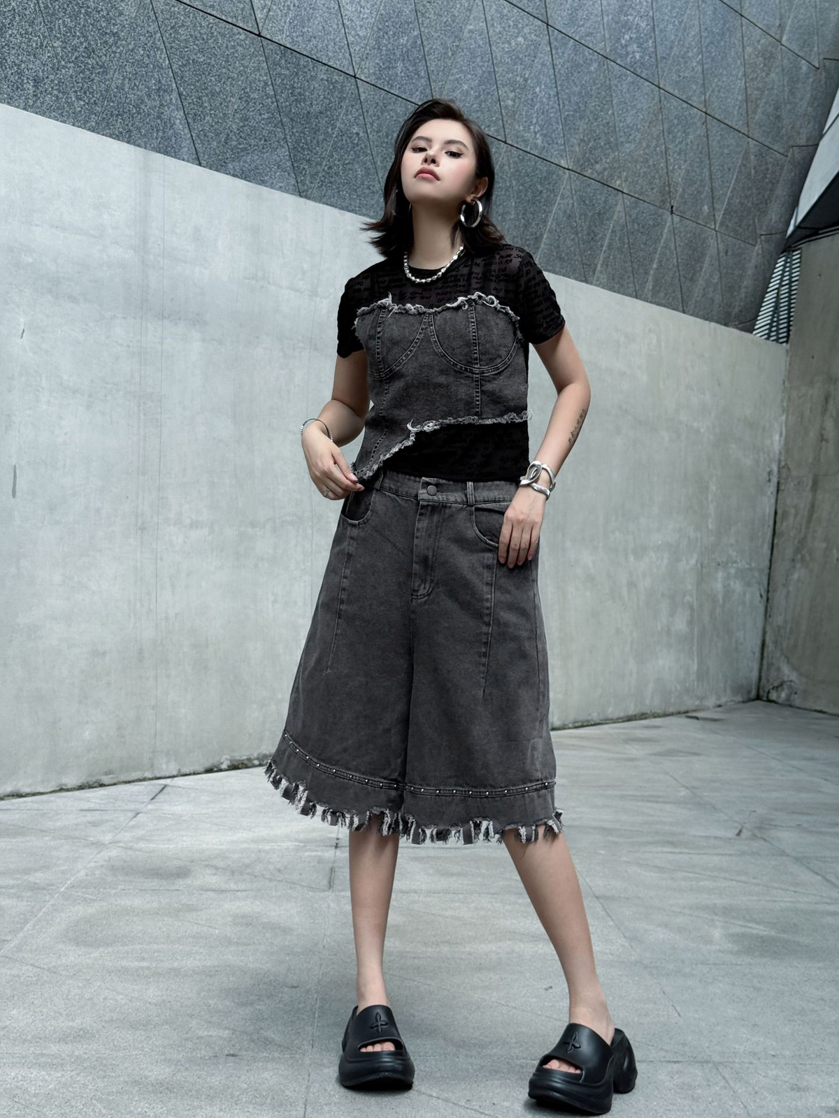 Raw Fringe Wide Denim Shorts