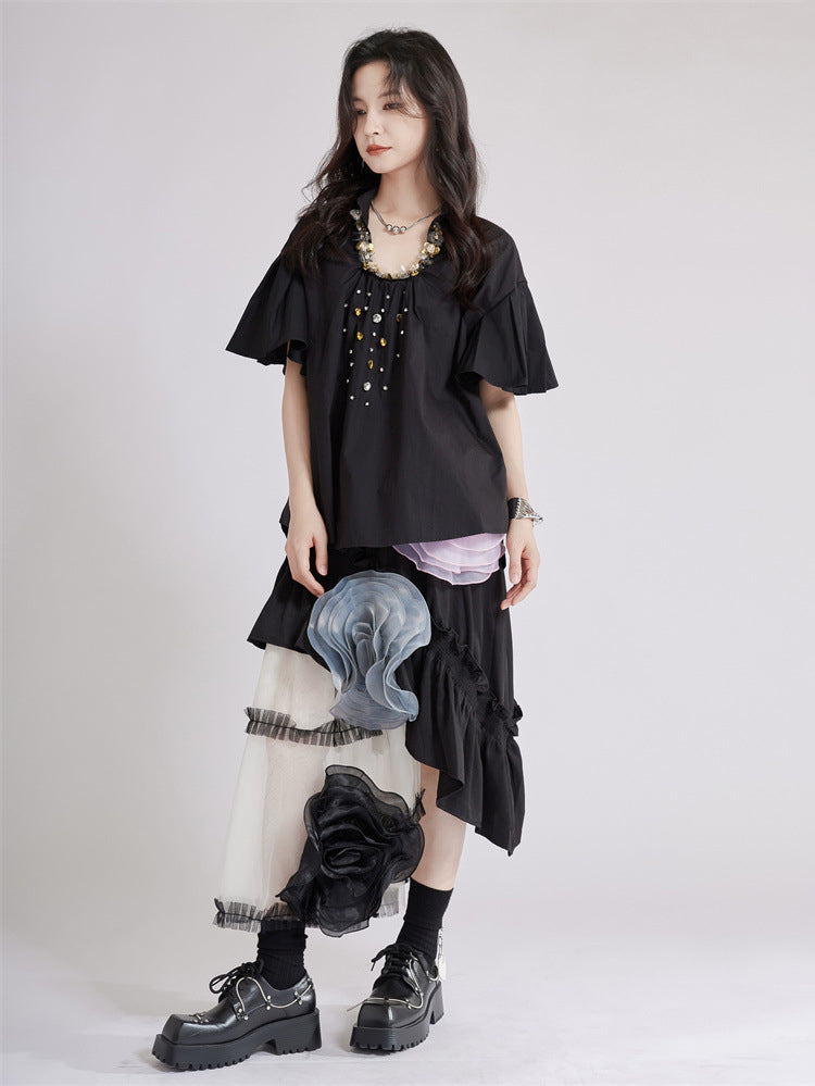 Beaded Collar Flare Blouse