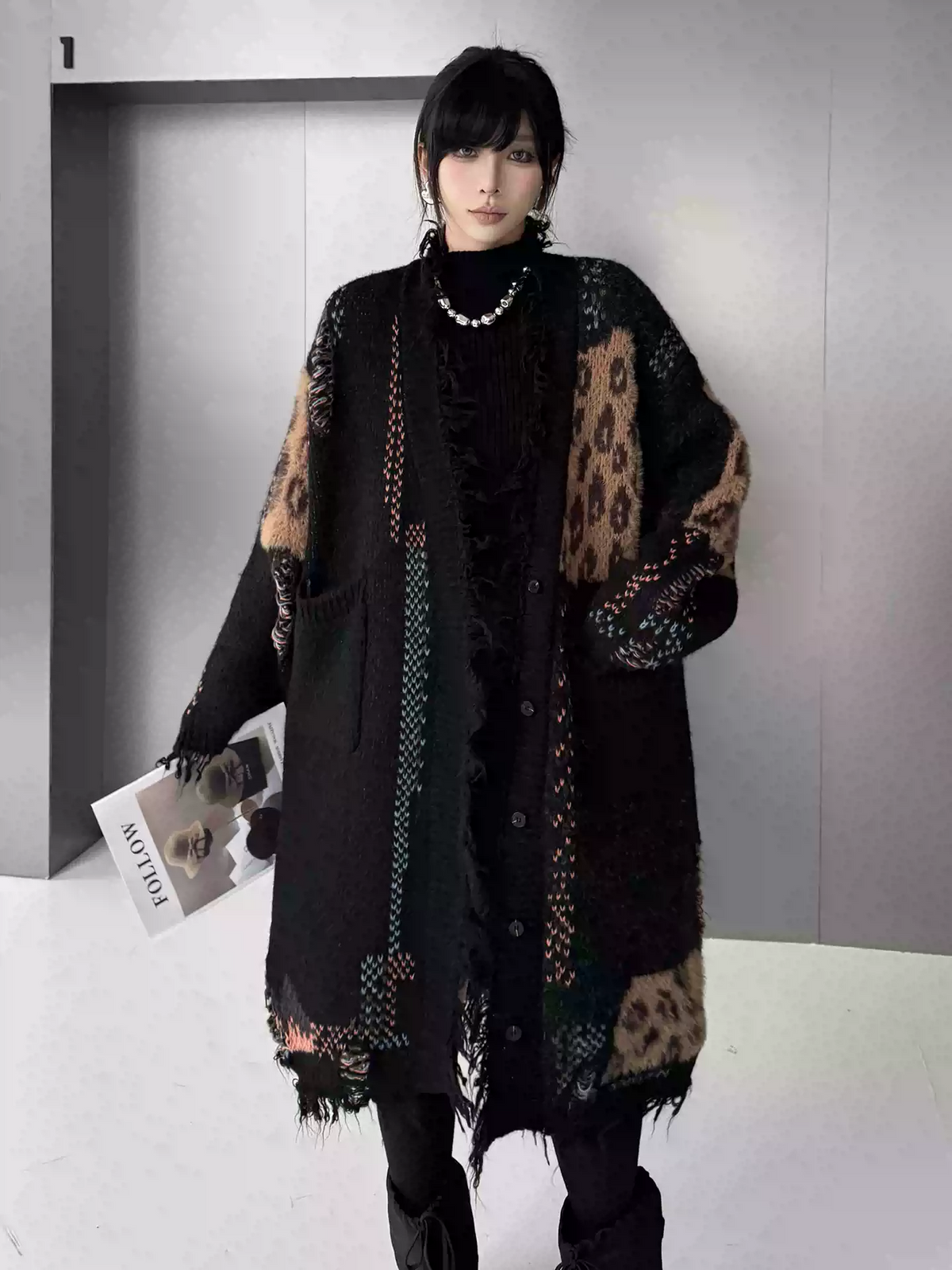 Frayed Leopard Patch Knit Cardigan