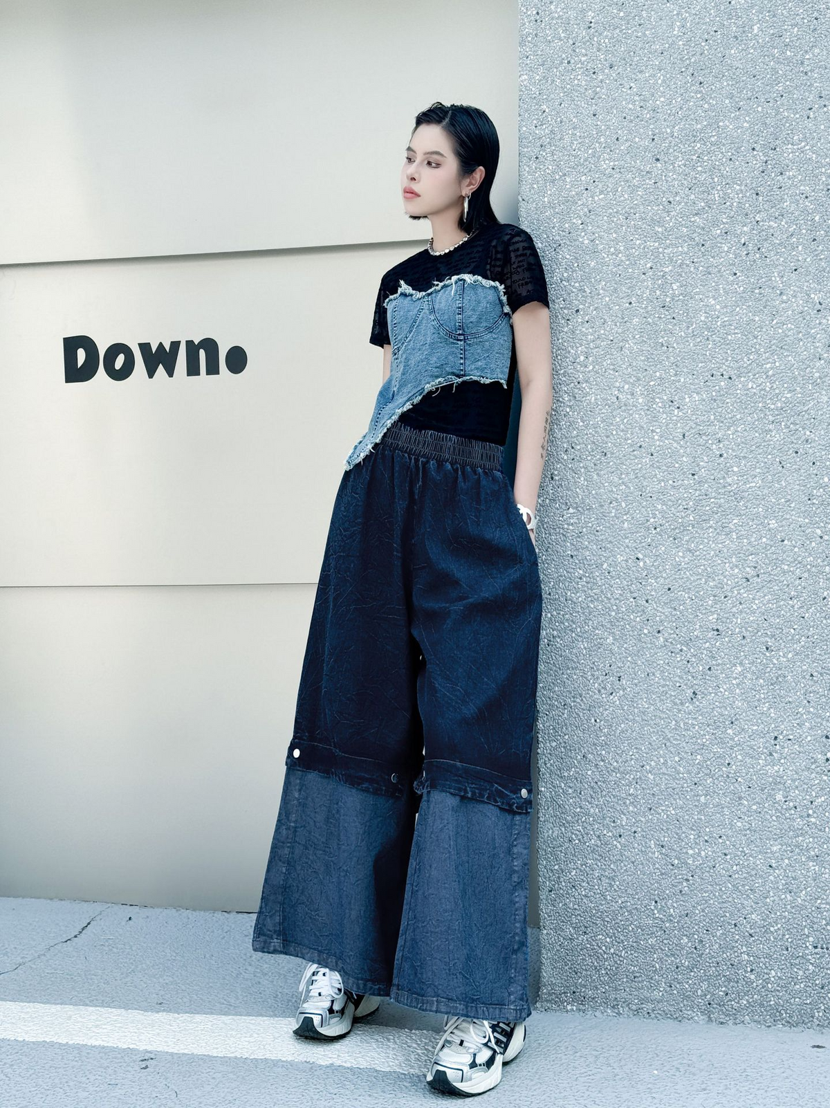 Two Tone Wide Denim Pants