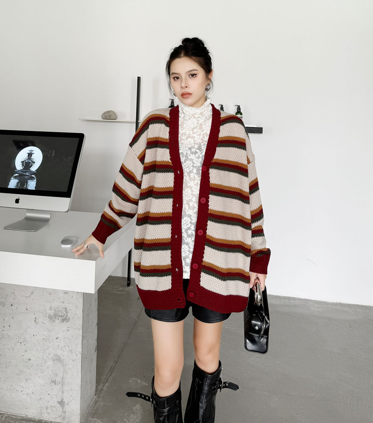 Multi Stripe Loose Knit Cardigan