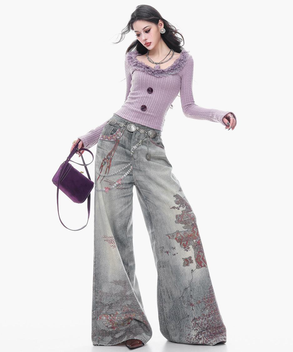 Ornament Washed Wide Denim Pants