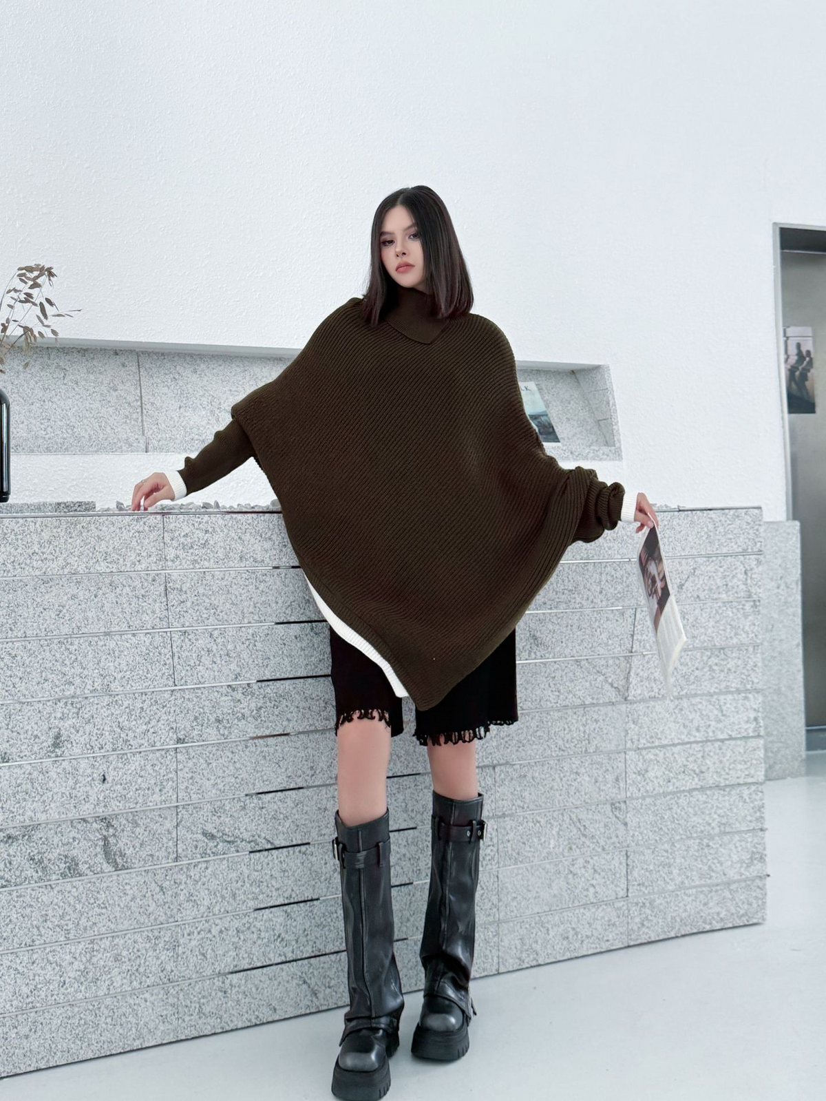 Diagonal Knit Poncho Top