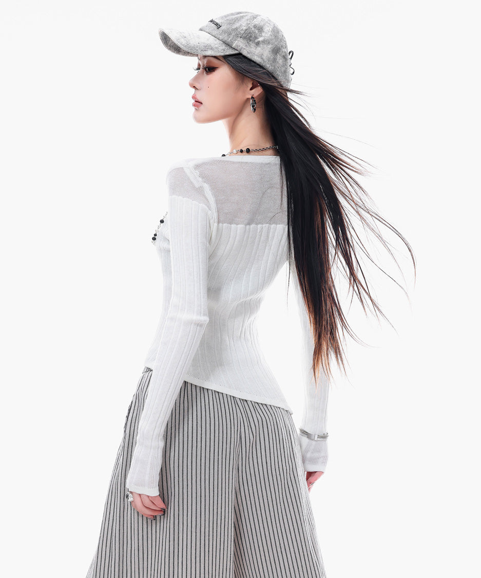Sheer LaceUp Rib Top