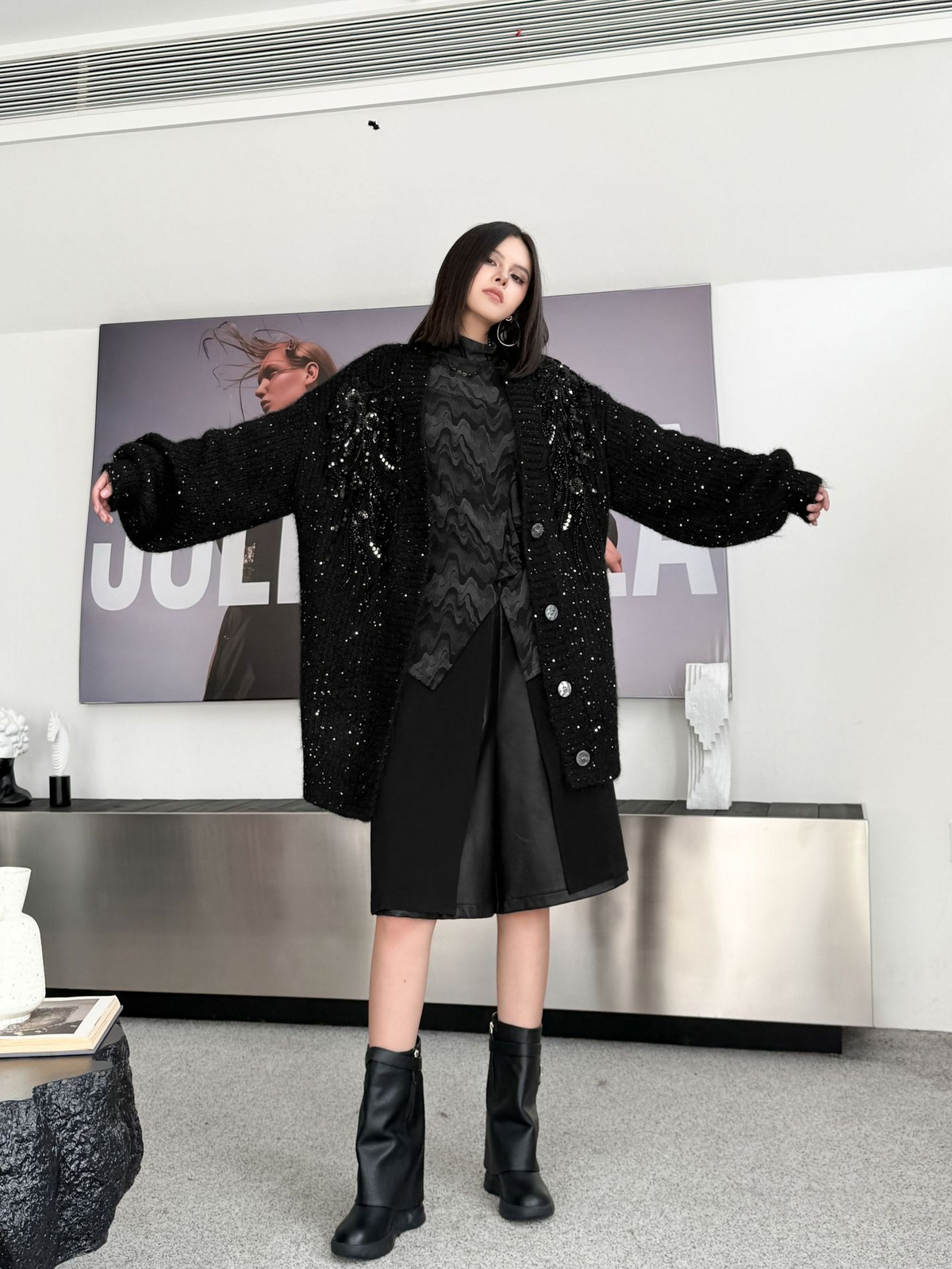 Sequin Knit Oversized Cardigan
