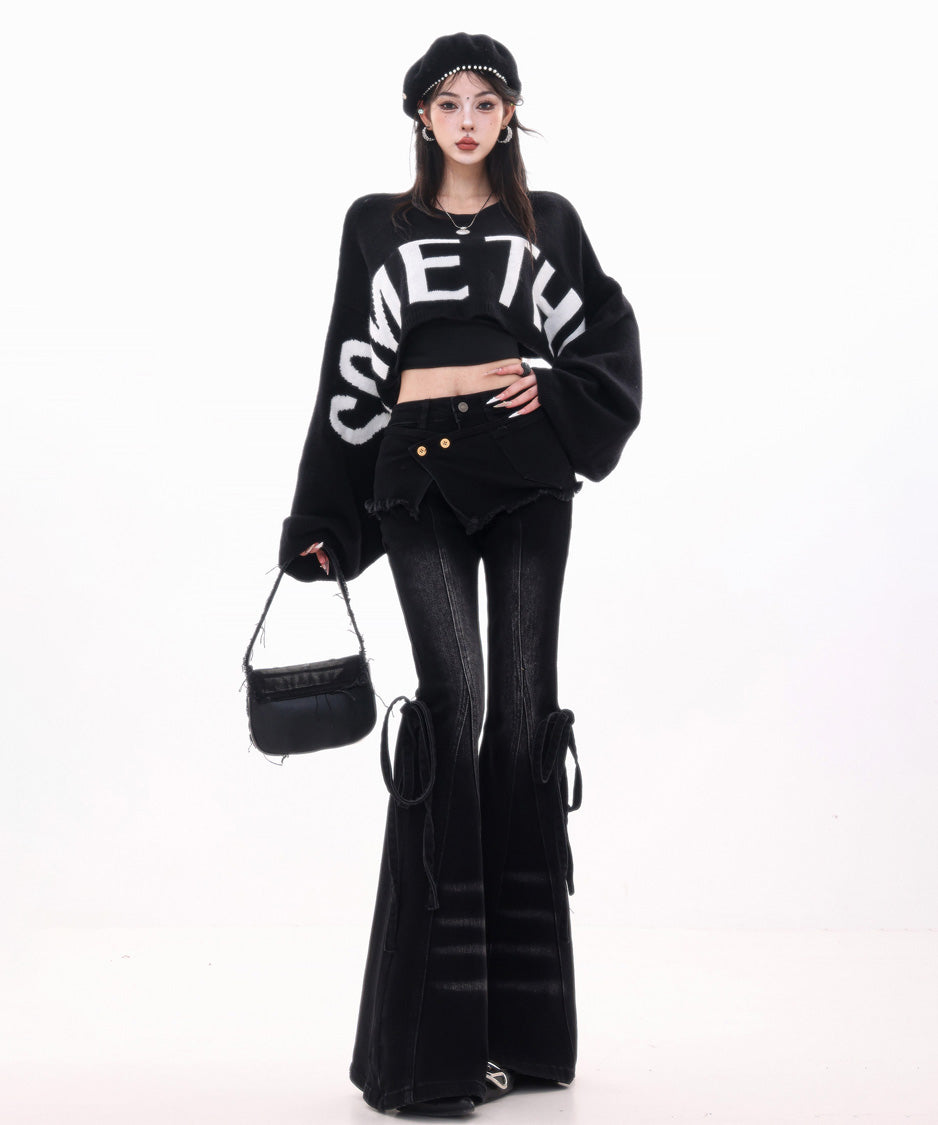 Wrap Layer Lace-Up Flare Denim Pants