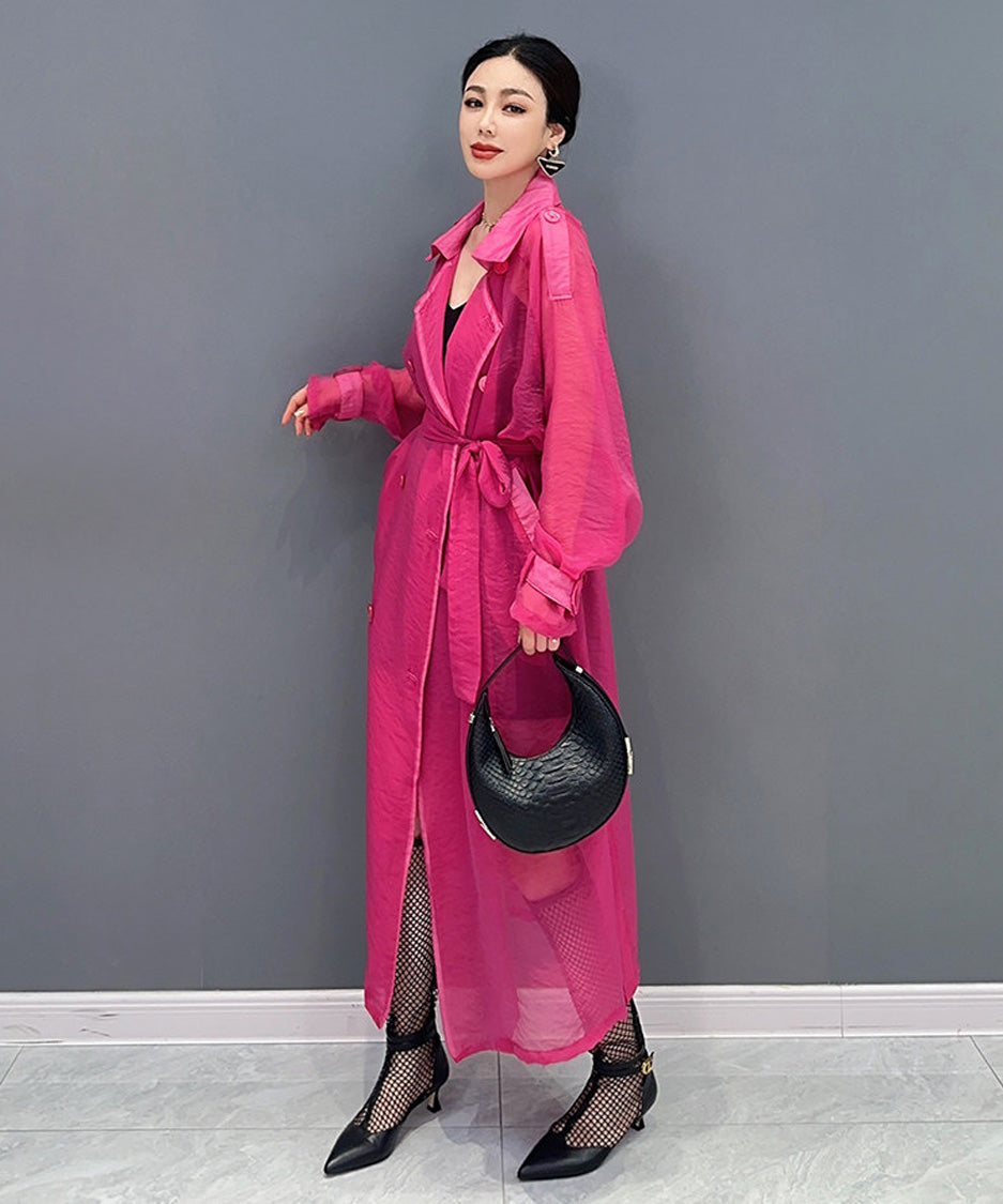 Sheer Belted Long Cardigan