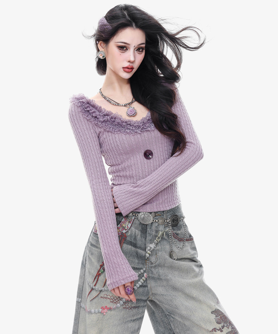 Frill Trim Rib Knit Top