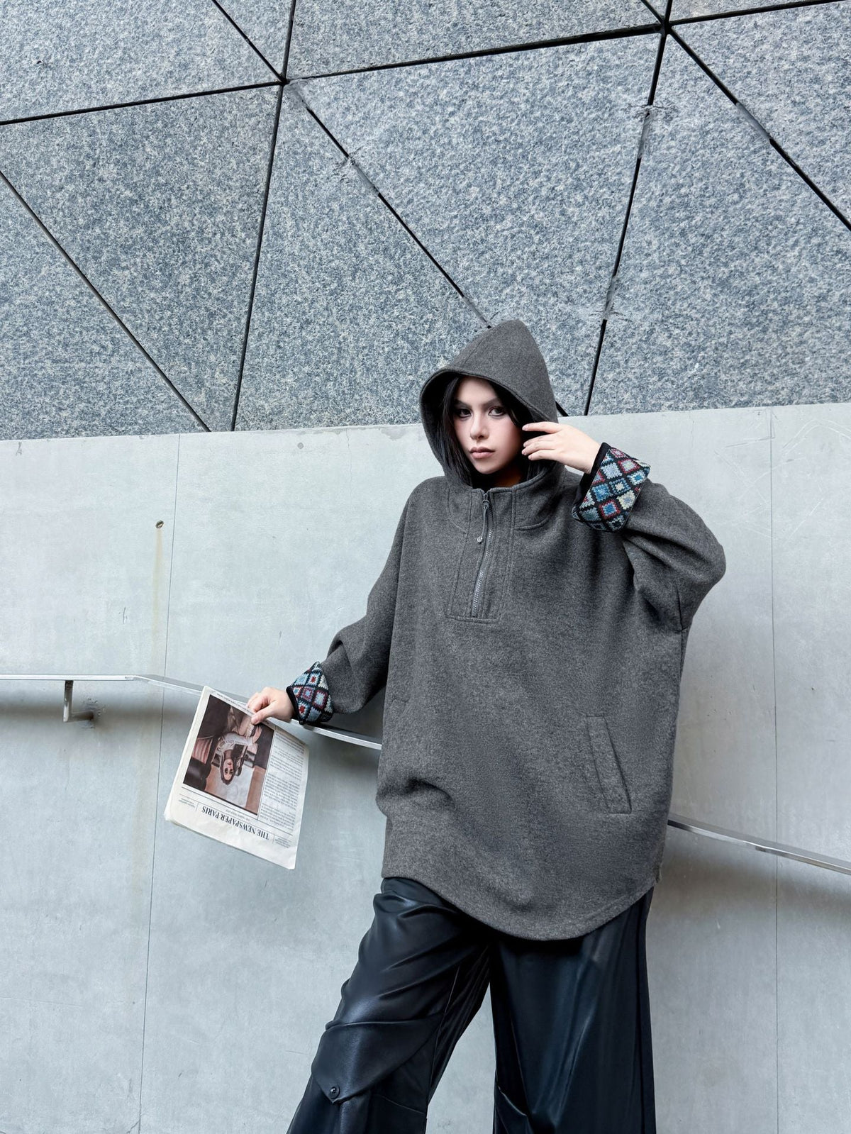 Pattern Cuff Hooded Top