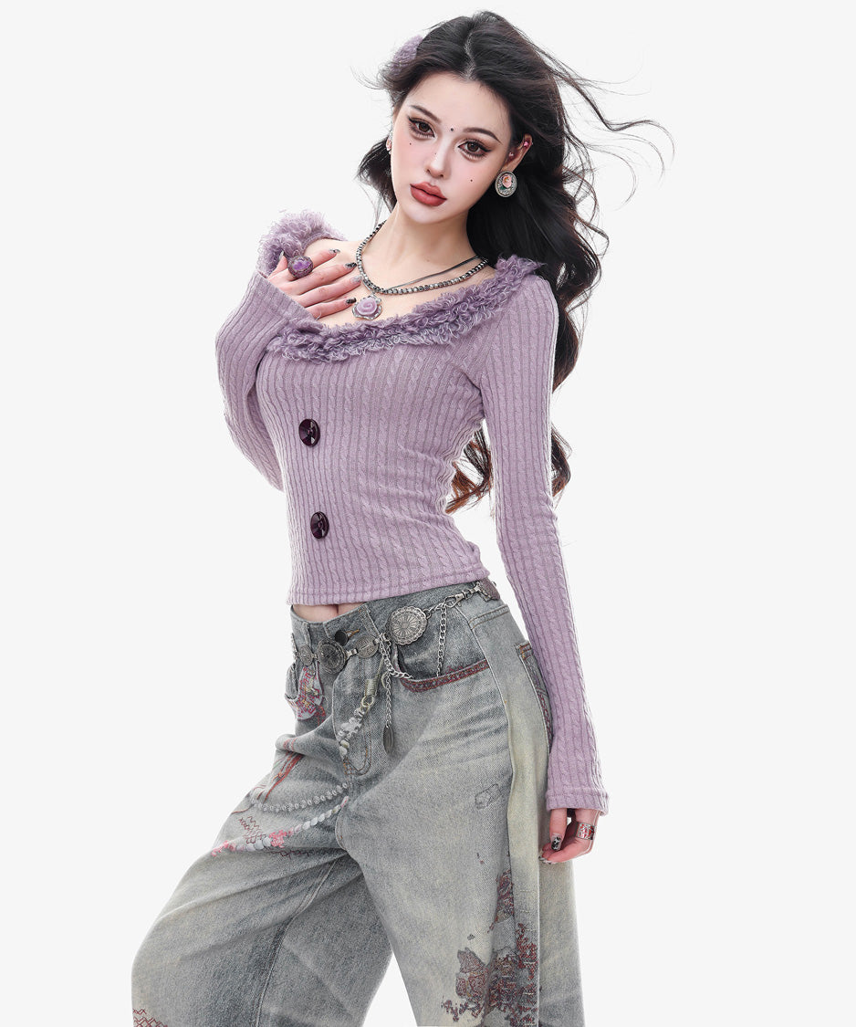 Frill Trim Rib Knit Top