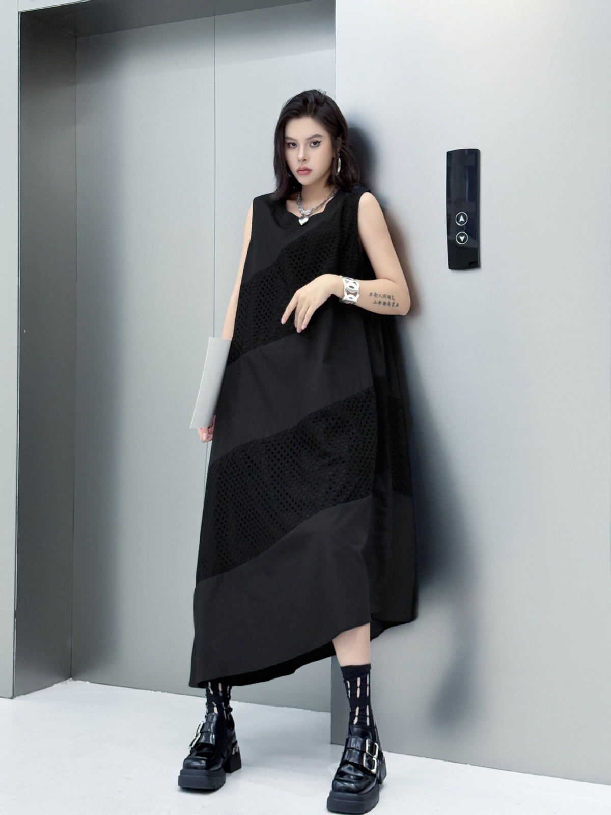 Diagonal Mesh Panel Dress