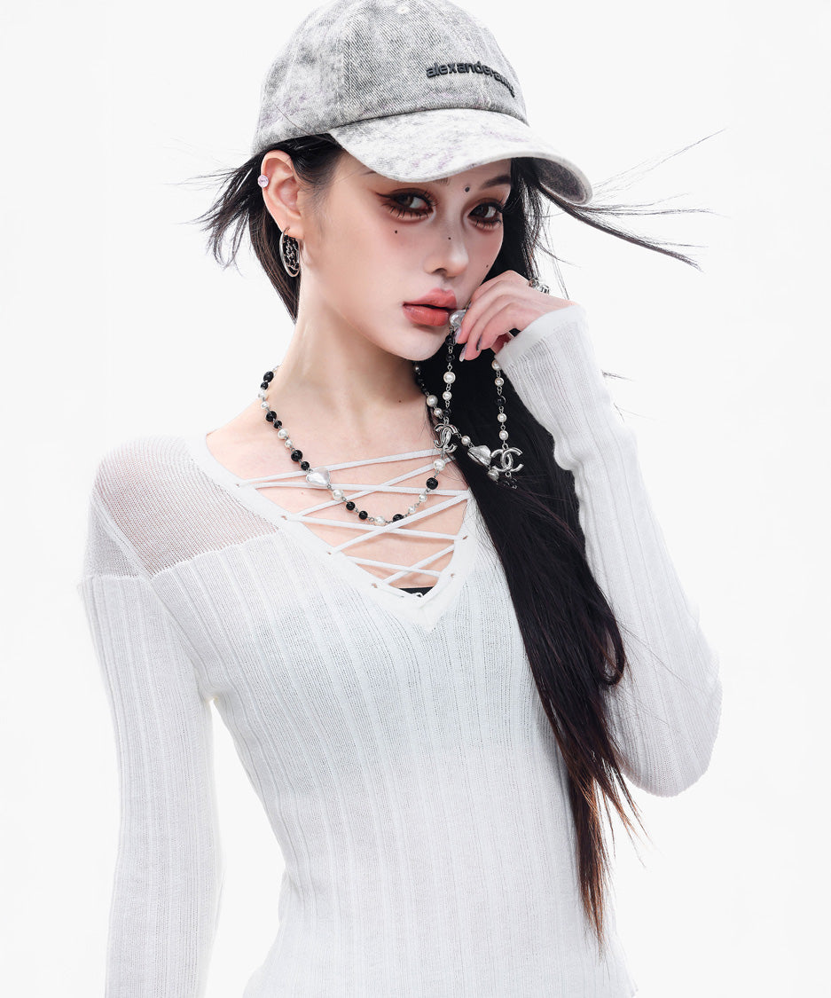 Sheer LaceUp Rib Top