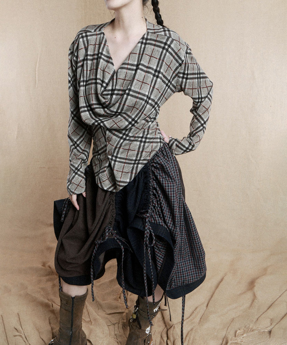 Drape Checked Button Top