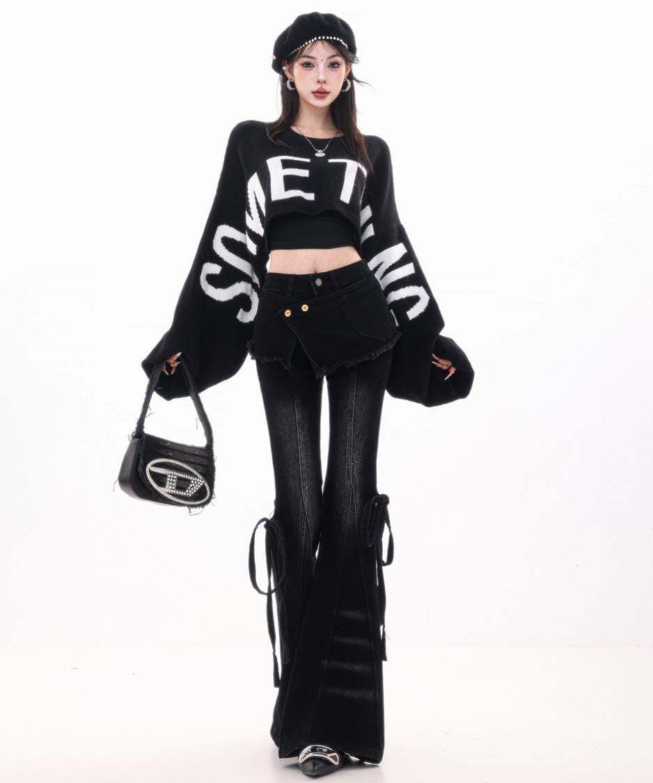 Wrap Layer Lace-Up Flare Denim Pants