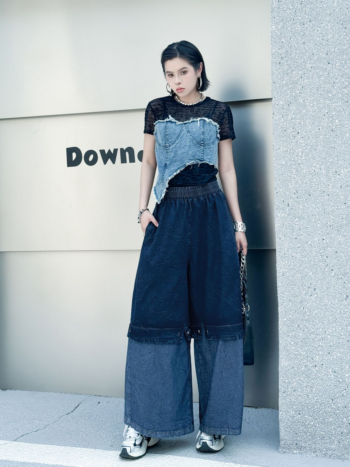 Two Tone Wide Denim Pants