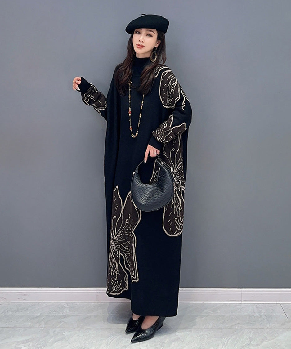 Floral Motif Knit Long Dress