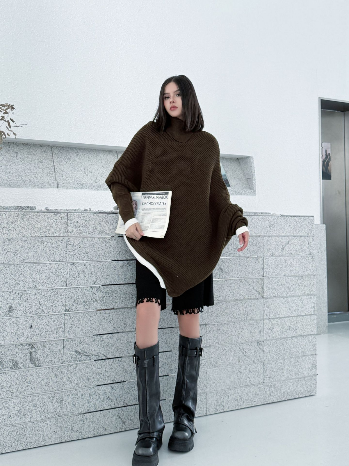 Diagonal Knit Poncho Top