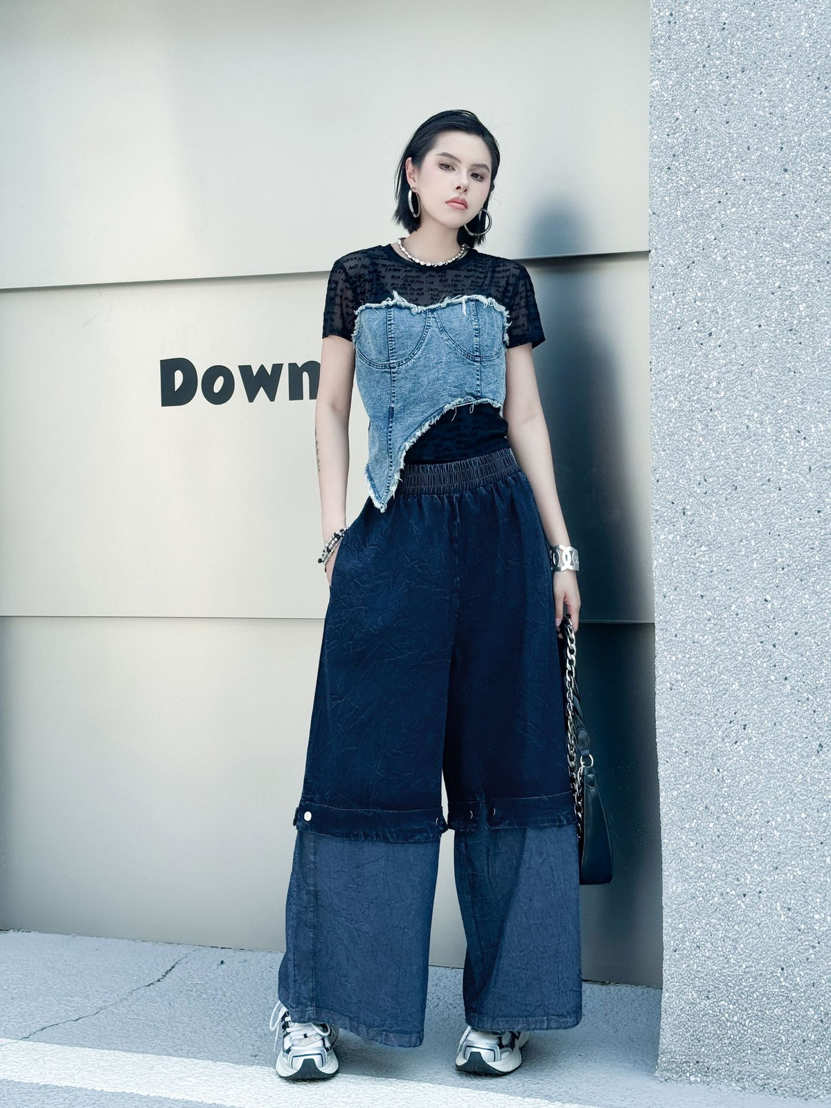 Two Tone Wide Denim Pants
