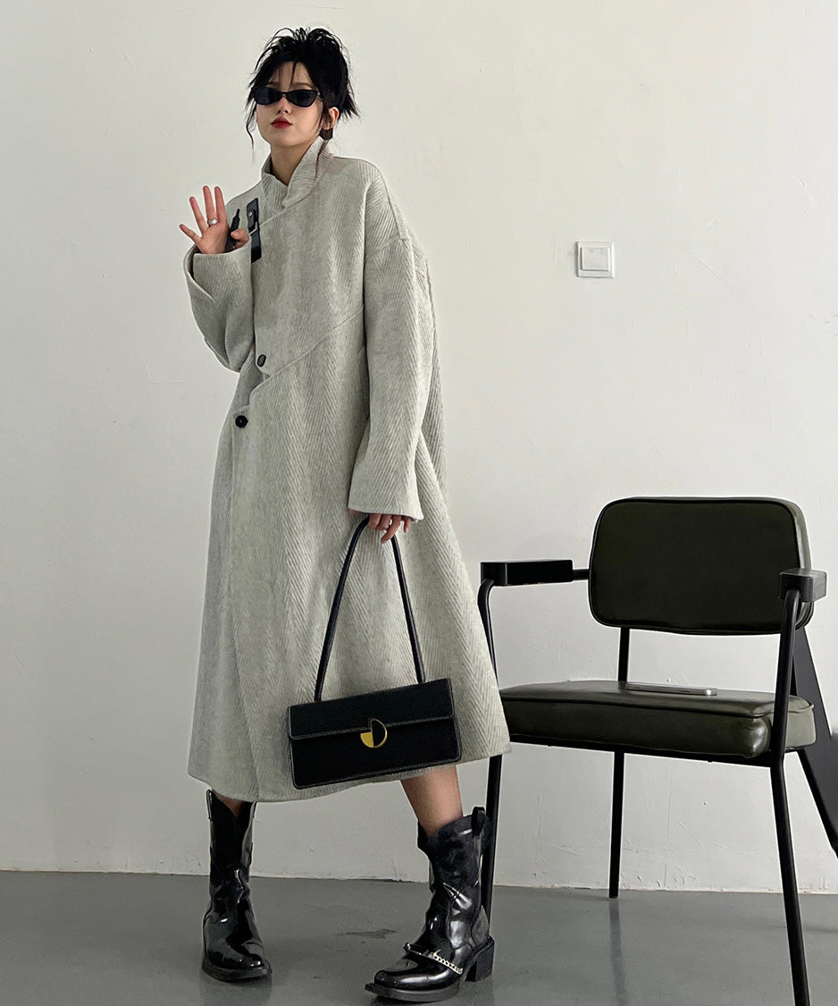 Asym Buckle Herringbone Coat