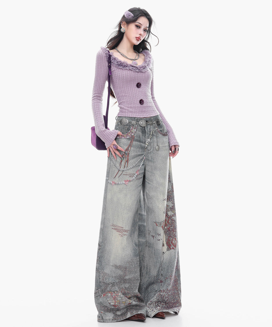 Ornament Washed Wide Denim Pants