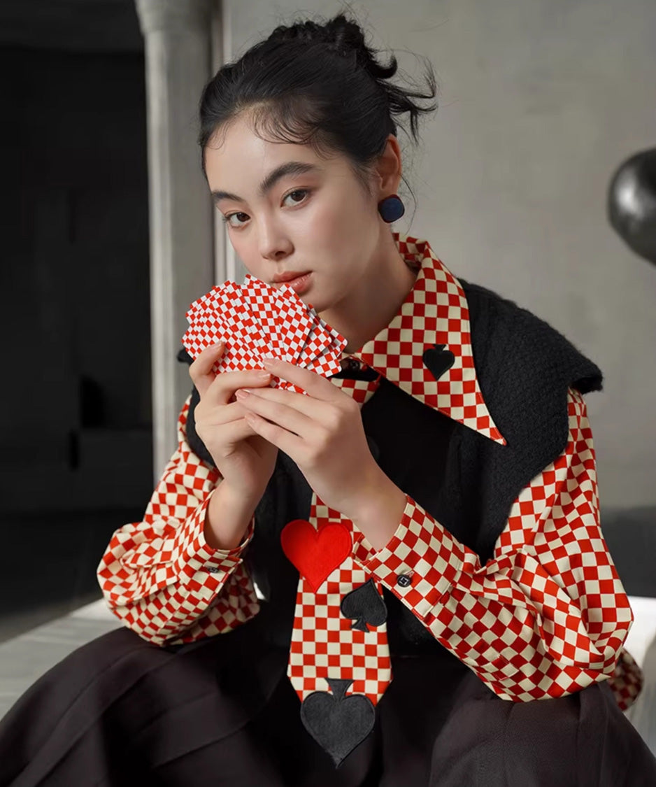 Checker Emblem Collar Blouse