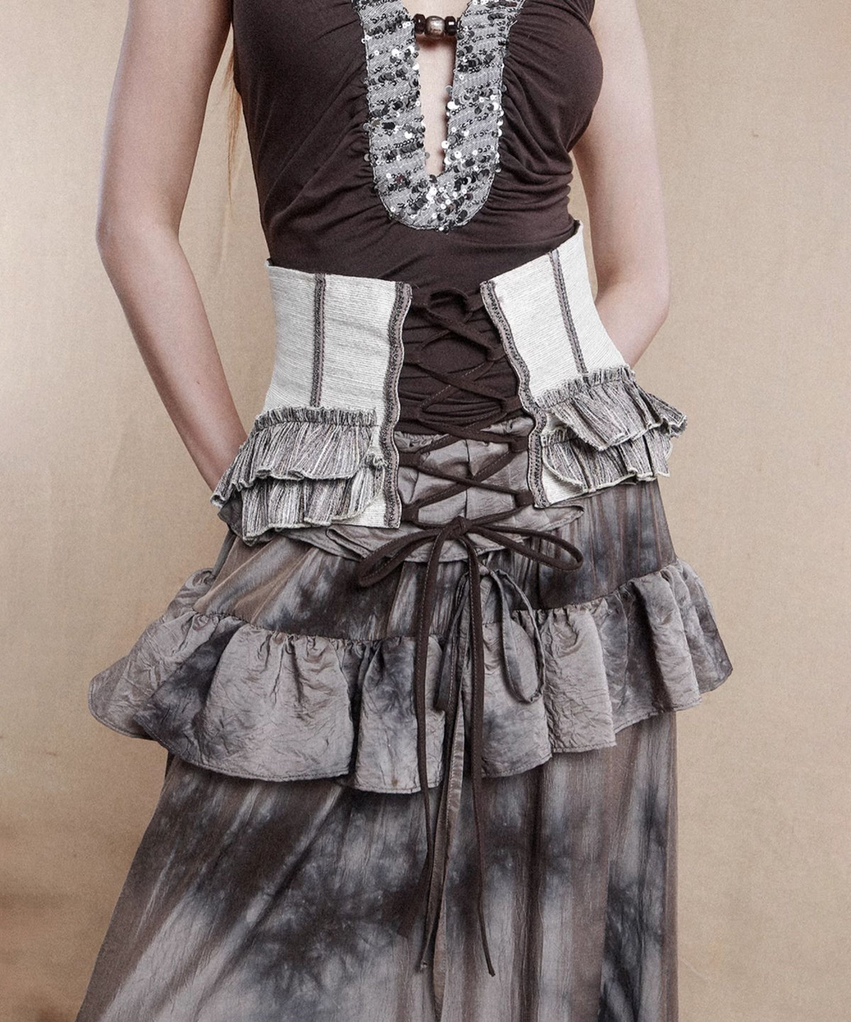 Layered Frill Lace-Up Corset Belt
