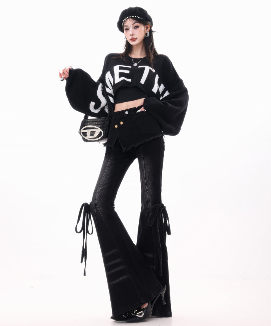 Wrap Layer Lace-Up Flare Denim Pants