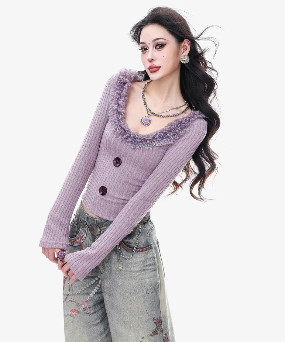 Frill Trim Rib Knit Top