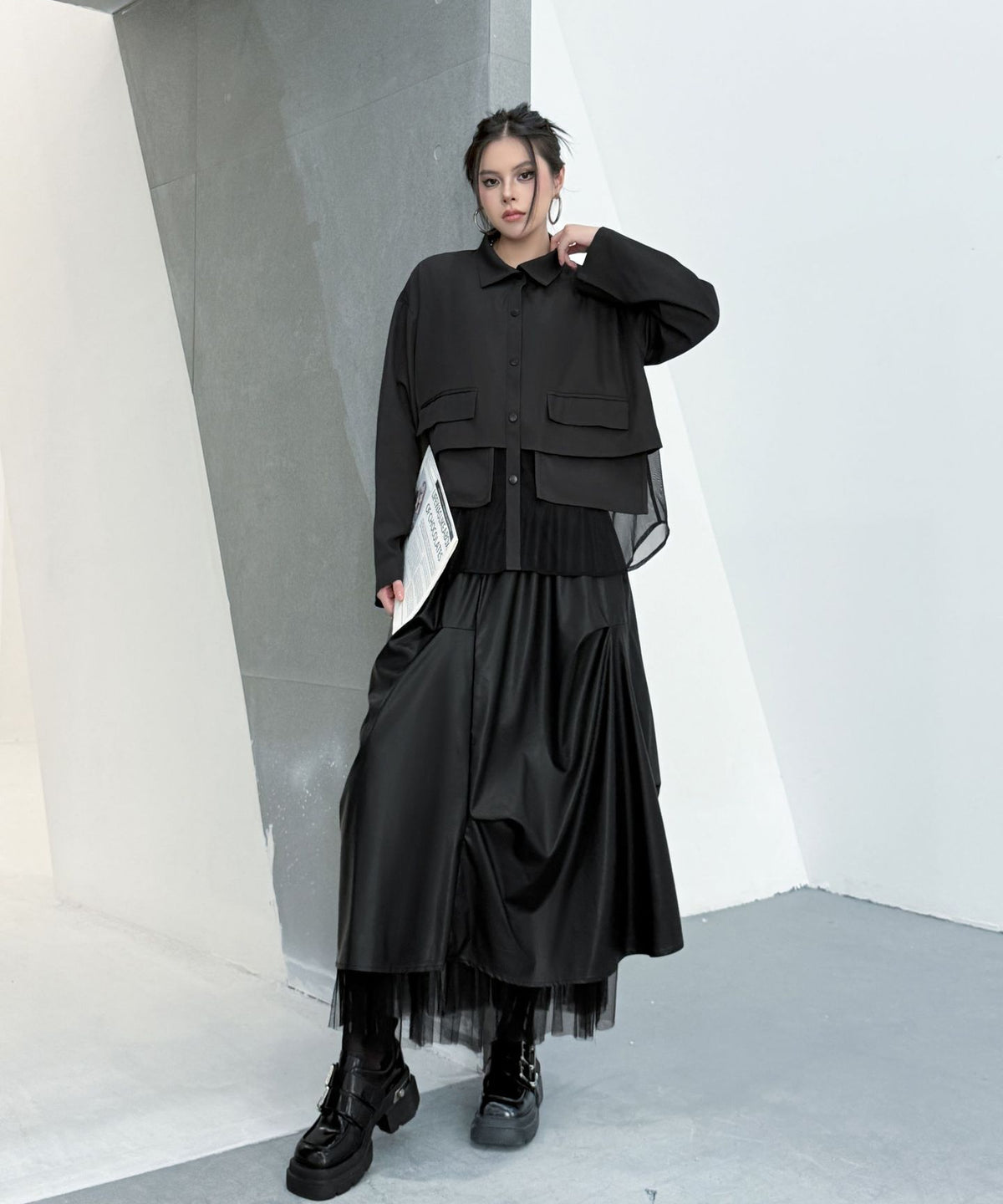 Layered Pocket Mesh Blouse