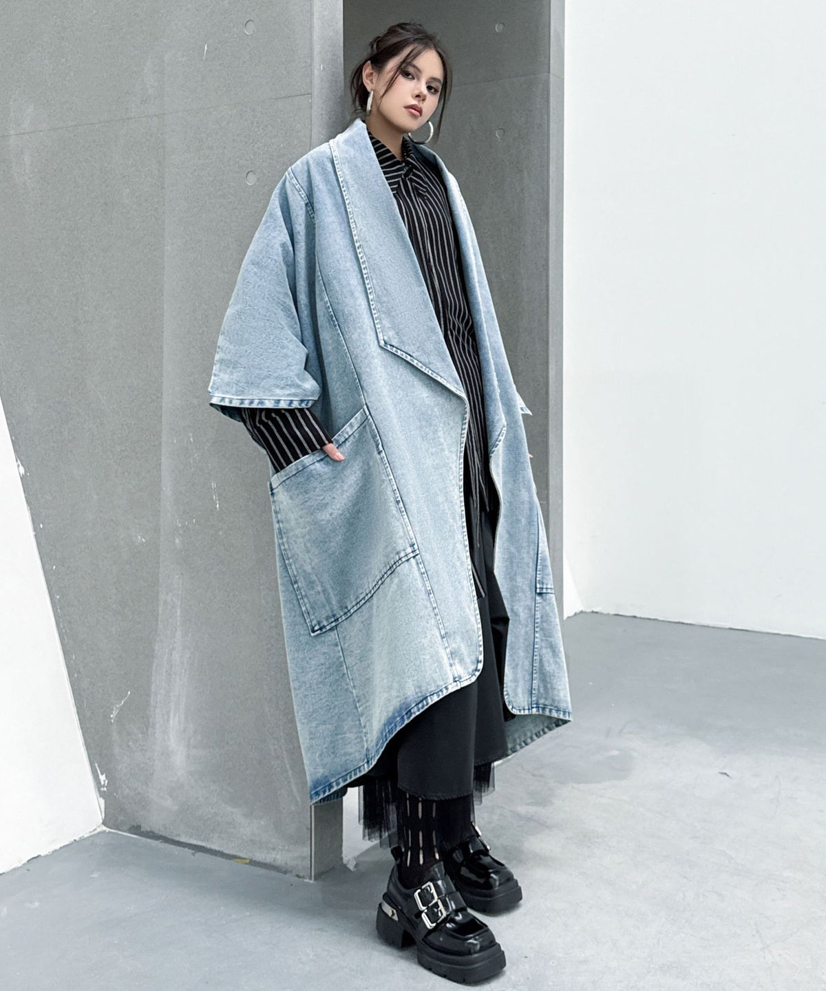 Washed Long Denim Coat