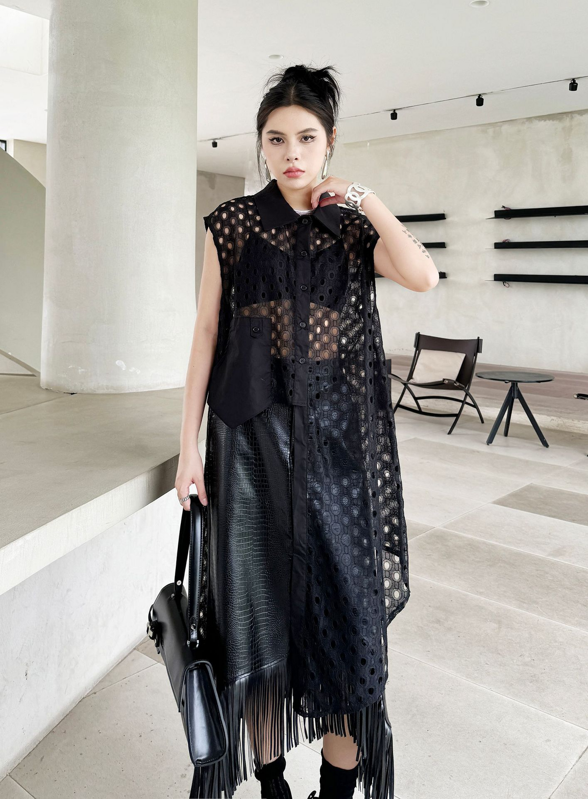 Eyelet Mesh Sleeveless Shirt