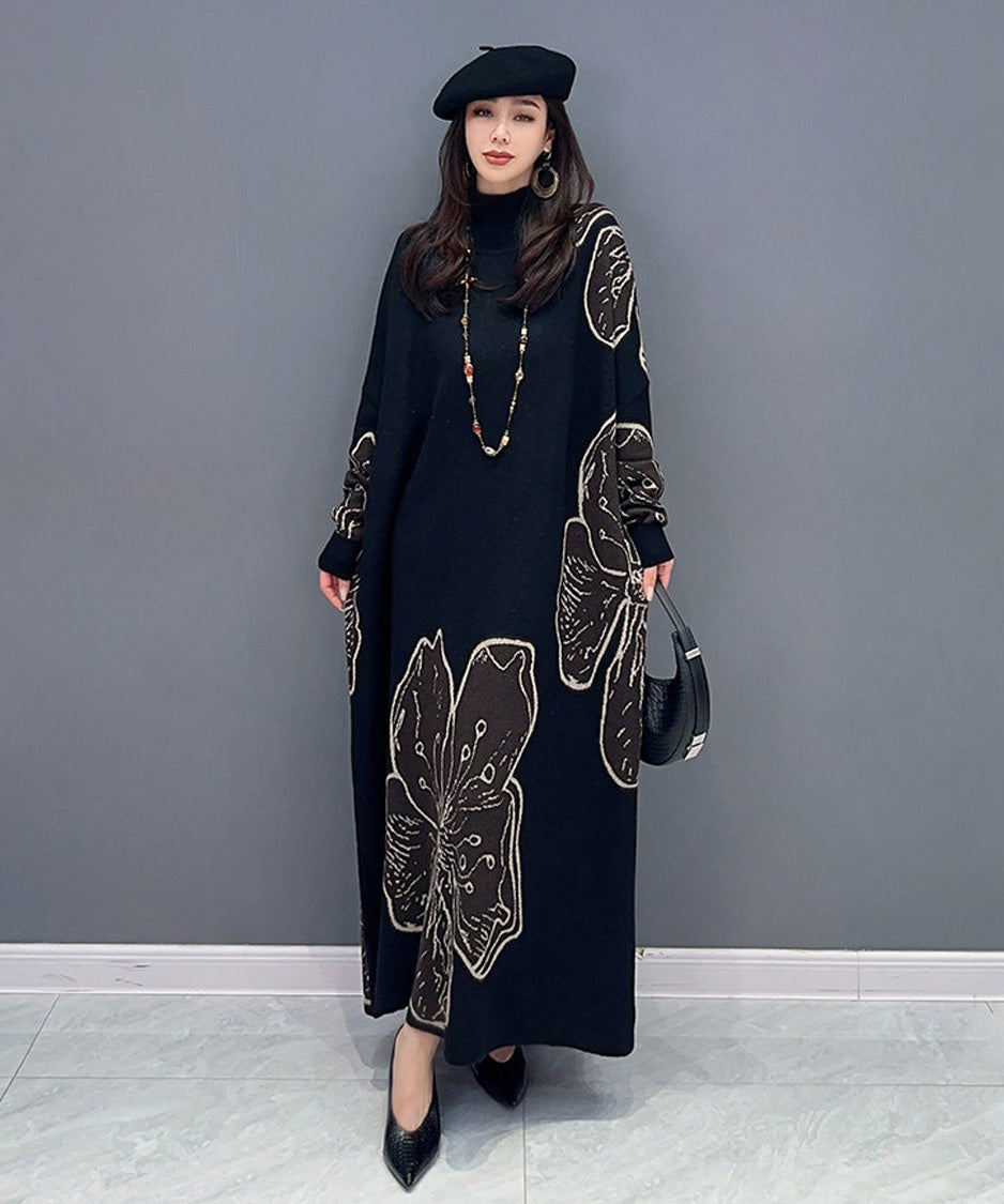 Floral Motif Knit Long Dress