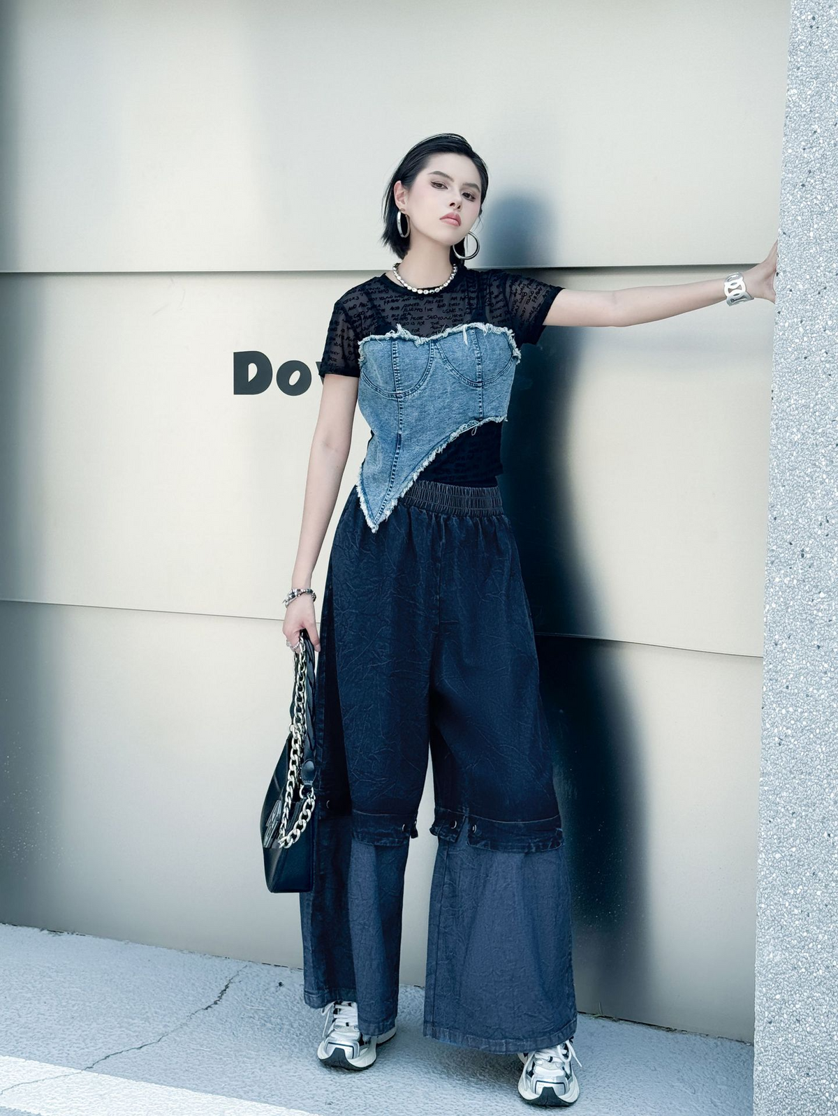 Two Tone Wide Denim Pants
