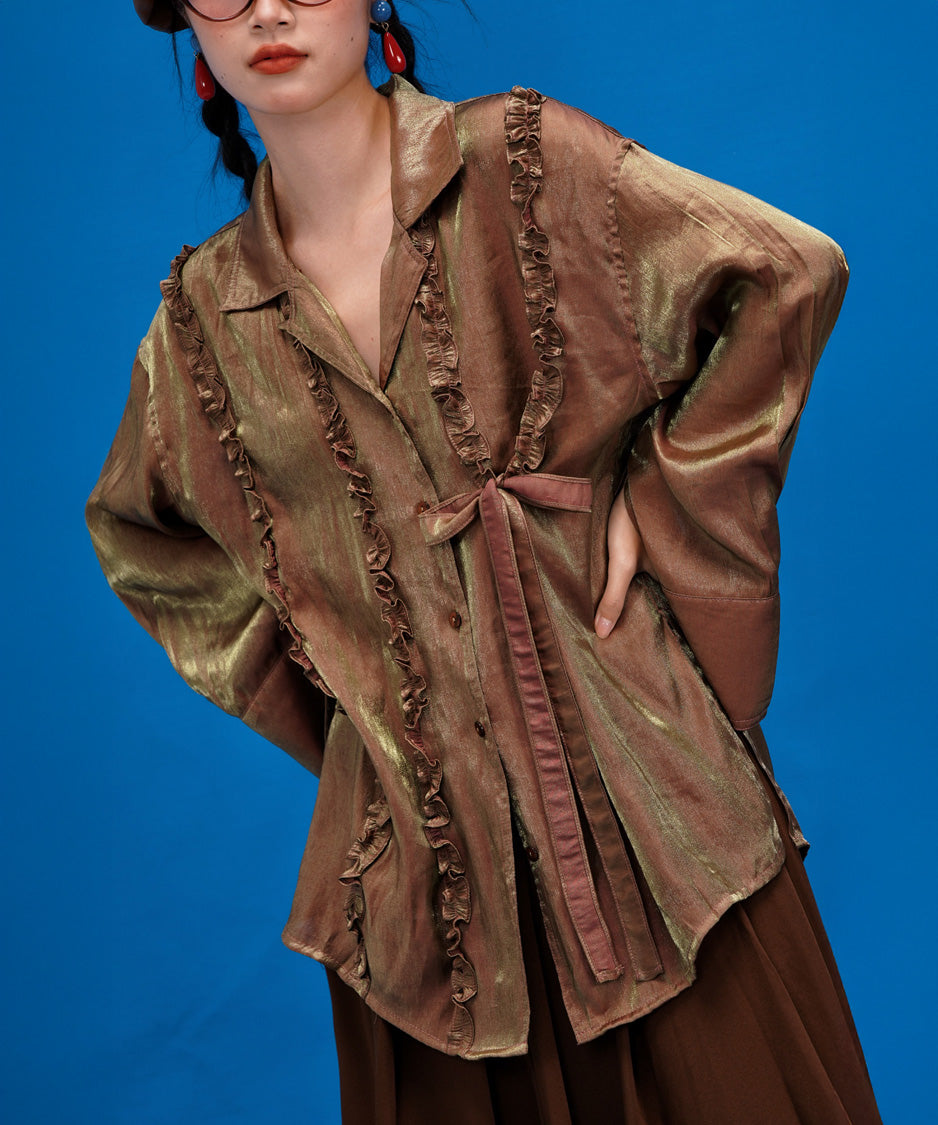 Metallic Ruffle Tie Blouse