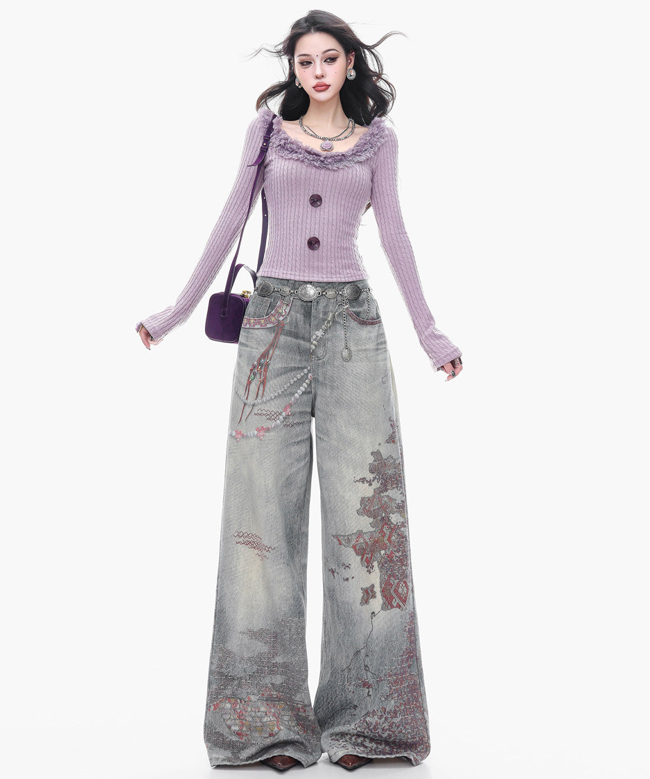 Ornament Washed Wide Denim Pants