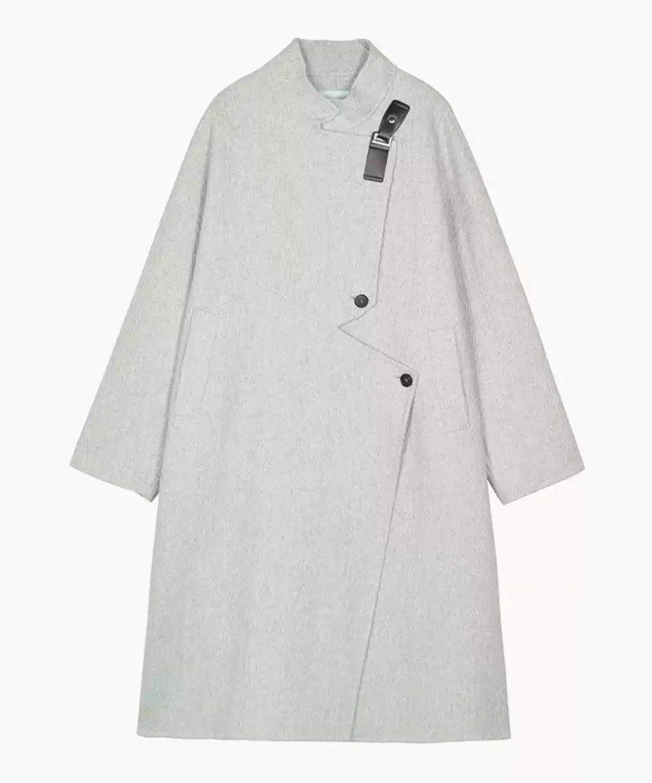 Asym Buckle Herringbone Coat