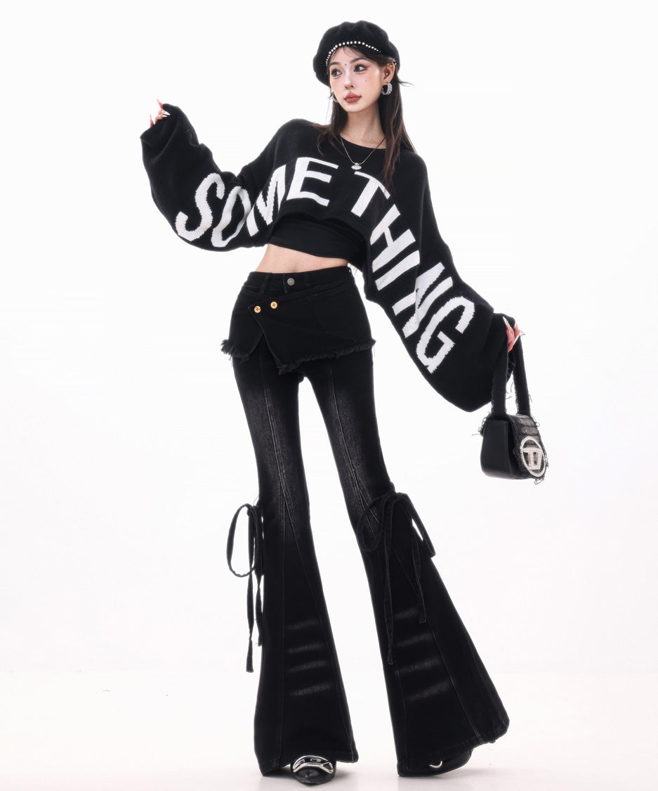 Wrap Layer Lace-Up Flare Denim Pants