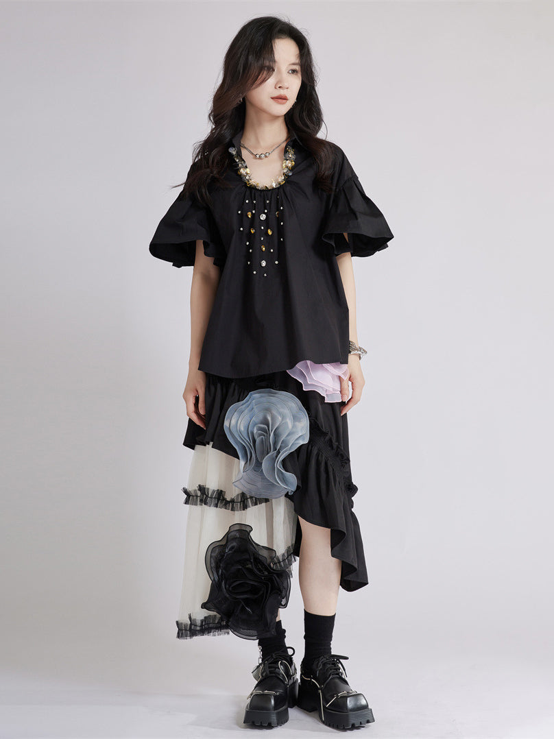 Beaded Collar Flare Blouse