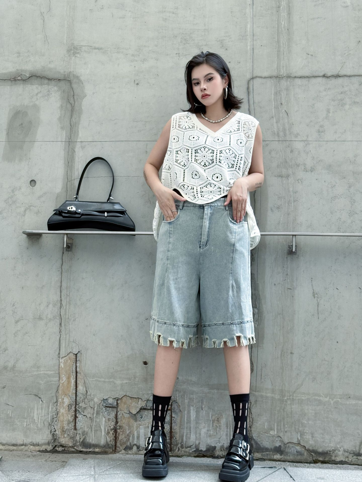 Raw Fringe Wide Denim Shorts