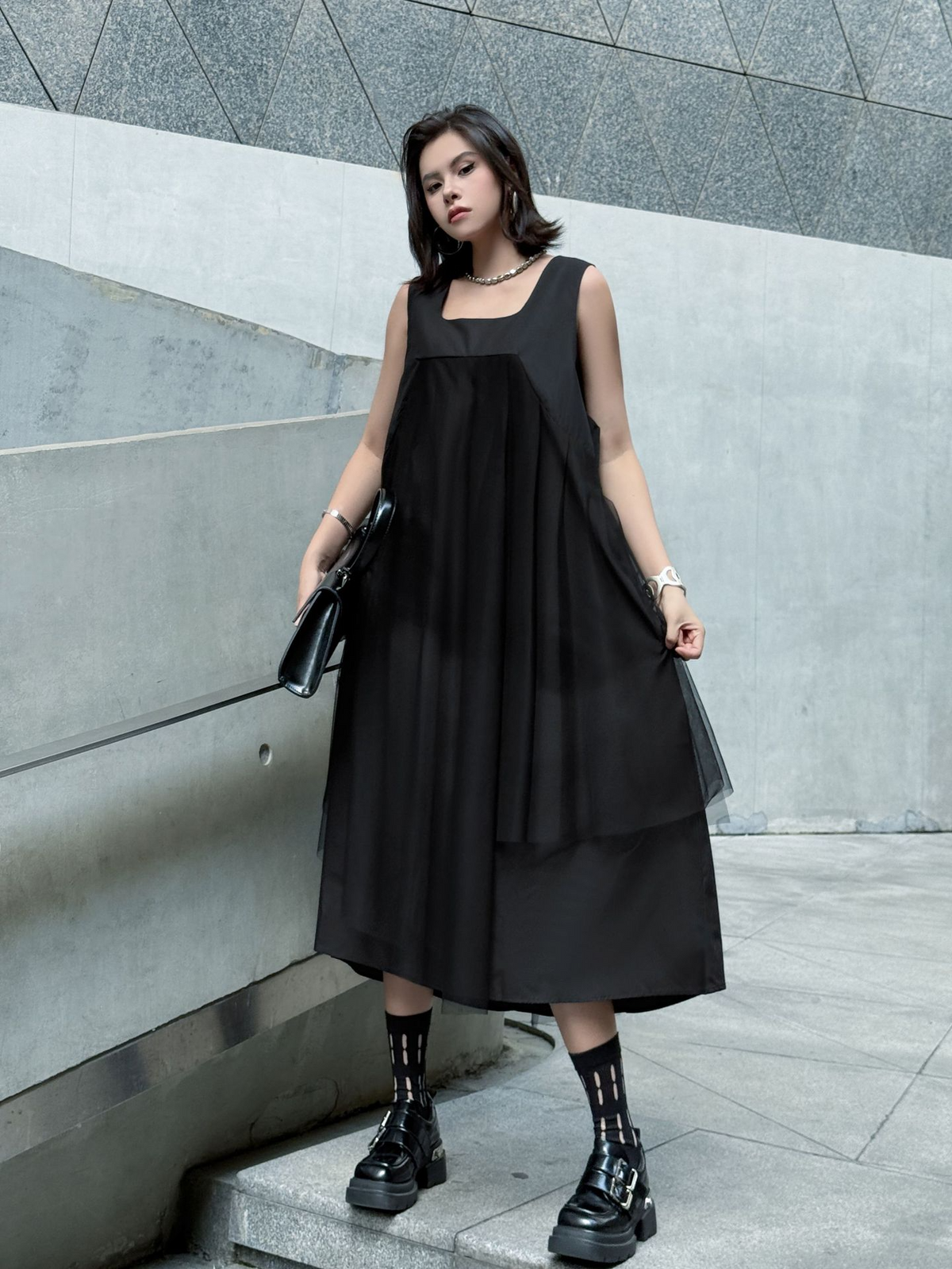 Layered Mesh Flare Dress