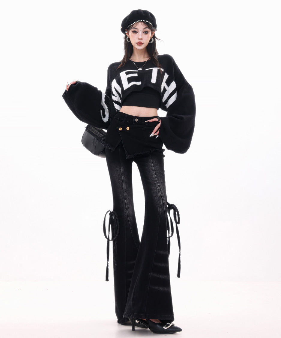Wrap Layer Lace-Up Flare Denim Pants