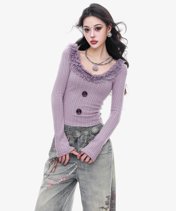 Frill Trim Rib Knit Top