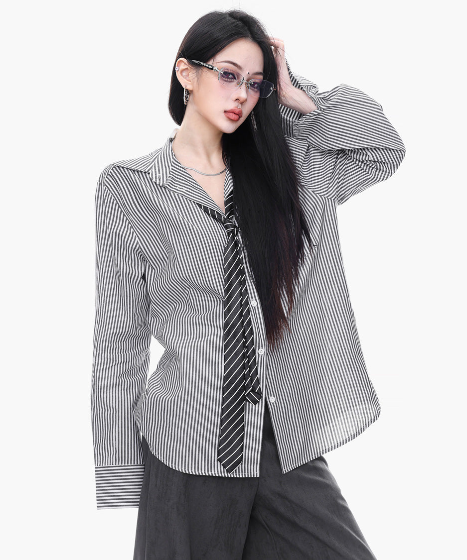 Pinstripe Tie Collar Shirt