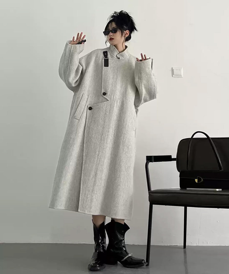 Asym Buckle Herringbone Coat