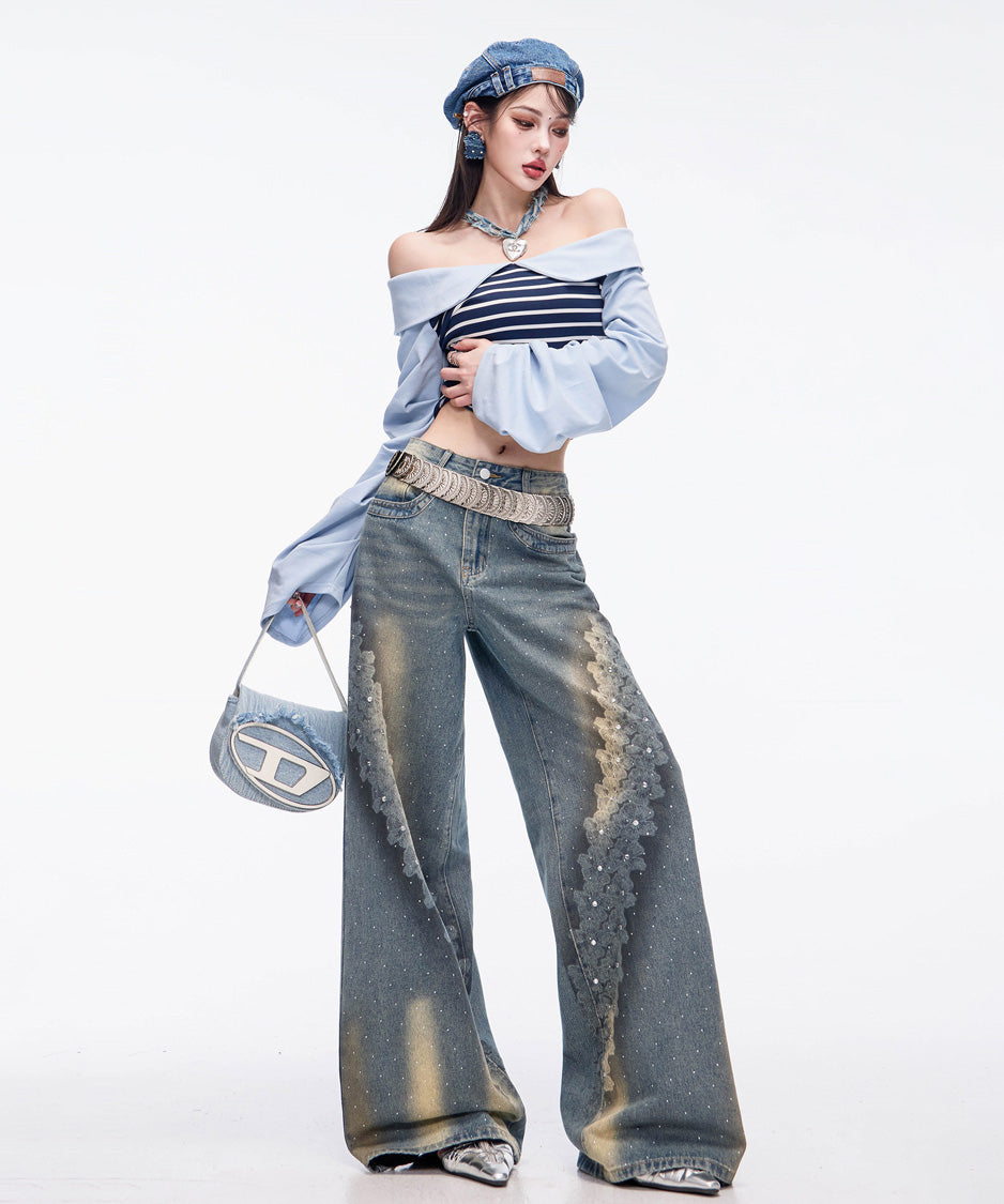 Crystal Dust Washed Wide Denim Pants