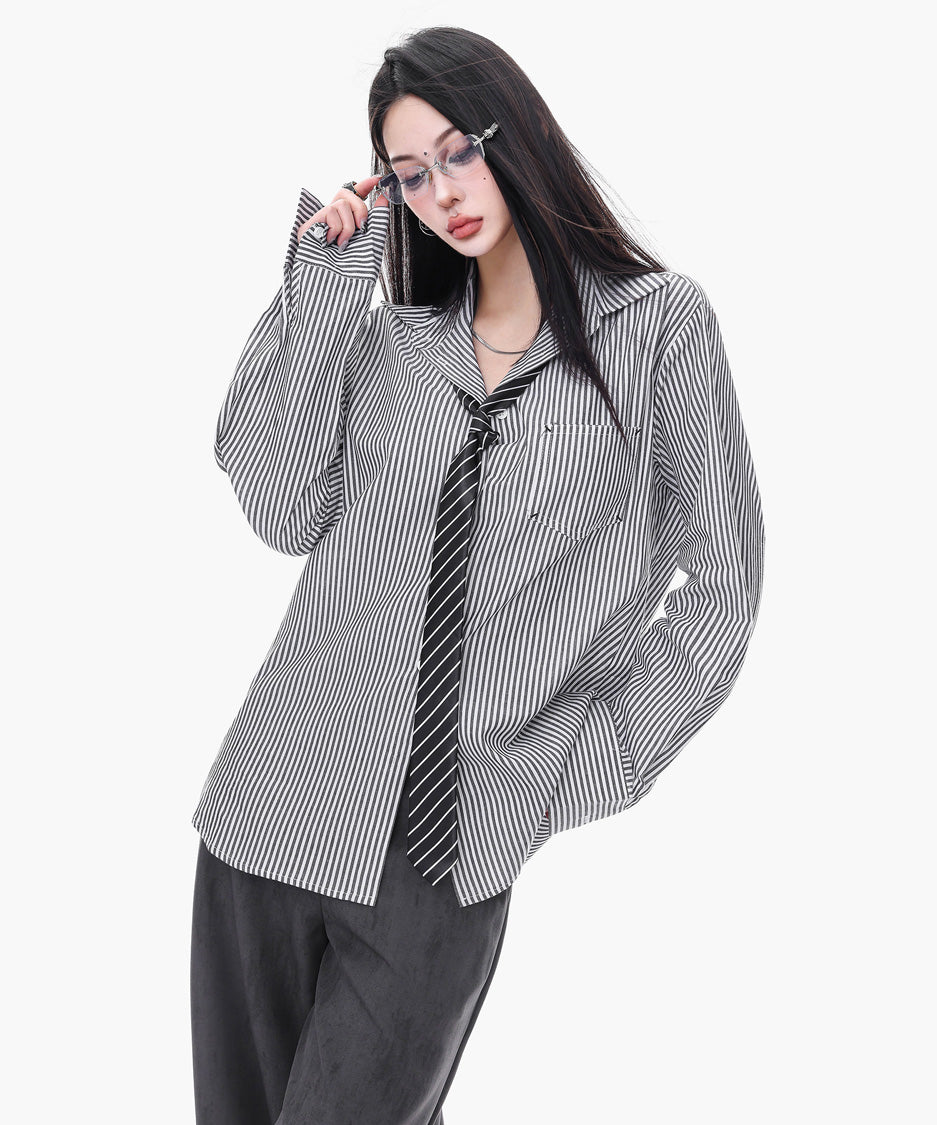 Pinstripe Tie Collar Shirt